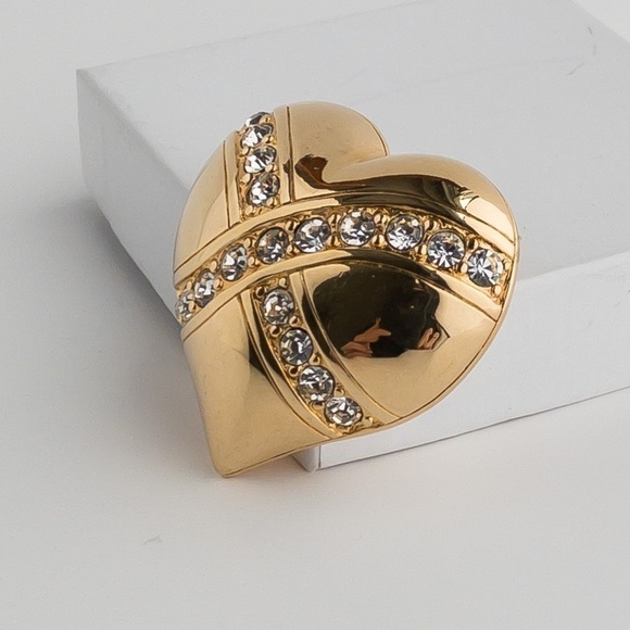 Vintage 1990s Swarovski Gold Heart Brooch – Pave Crystal Pin - Picture 7 of 16